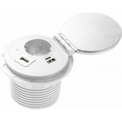 GTV Удлинитель врезной круглый charger plus, 1xschuko, 1xusb-a/5v, 1xtype-c/5v, беспроводная зарядка, сменные переходники, вилка провод 1,5м, белый AE-BPW1SACP-10