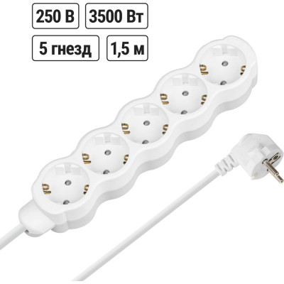 Удлинитель сетевой TDM ELECTRIC 5 розеток, 1,5 метра, с заземлением, с защитной шторкой, ПВС 3х1мм2 16А 250В бело-серый SQ1303-0238