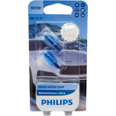 Автолампа PHILIPS W5W W2.1 9.5d WhiteVision ultra 4200K 2шт 12V 12961WVUB2