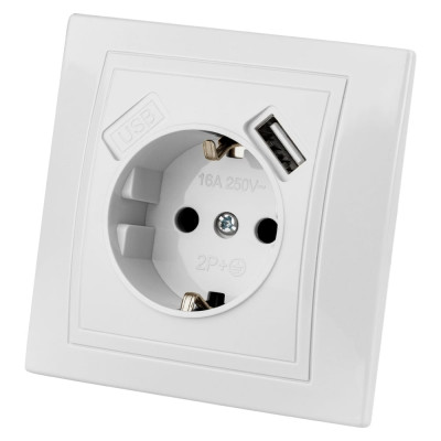 Розетка TDM ELECTRIC 2П+З с защитыми шторками 16А 250В + USB порт 2,1А 5В белая Таймыр SQ1814-0040