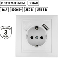 Розетка TDM ELECTRIC 2П+З с защитыми шторками 16А 250В + USB порт 2,1А 5В белая Таймыр SQ1814-0040