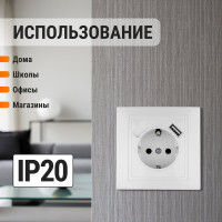 Розетка TDM ELECTRIC 2П+З с защитыми шторками 16А 250В + USB порт 2,1А 5В белая Таймыр SQ1814-0040