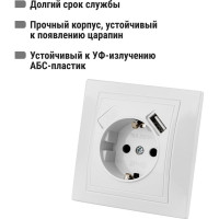 Розетка TDM ELECTRIC 2П+З с защитыми шторками 16А 250В + USB порт 2,1А 5В белая Таймыр SQ1814-0040