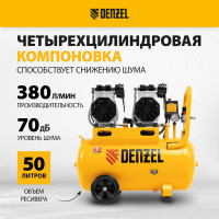 Безмаслянный малошумный компрессор Denzel DLS 2200/50, 2200 Вт, 2x1100, 50 л, 380 л/мин 58031