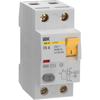 Узо IEK karat вд3-63 2p 25а 30ма 6ка тип ac MDV20-2-025-030
