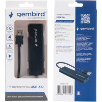 Разветвитель Gembird USB3.1 4хUSB, с доп.питанием (порт Type-C), кабель USB 19см, черный, UHB-C414