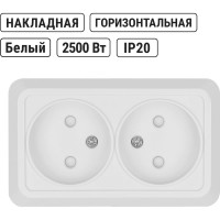 Двойная розетка открытой установки с защитными шторками 2П IP20 10А, белая TDM ELECTRIC Ладога SQ1801-0061