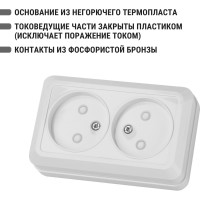 Двойная розетка открытой установки с защитными шторками 2П IP20 10А, белая TDM ELECTRIC Ладога SQ1801-0061