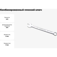 Комбинированный ключ плоский IZELTAS 8мм, длина 120 мм, 320020008
