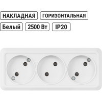 Розетка TDM ELECTRIC 3-х местная горизонтальная 2П открытой установки IP20 10A белая "Ладога" SQ1801-0124