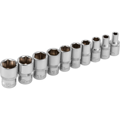 Набор торцевых головок 1/4", 6-ти гр CrV, 4-13 мм, 10 шт. STELS 13602