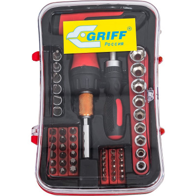 Реверсивная отвертка GRIFF 53 предмета, торцевые головки, биты, вставки 031286