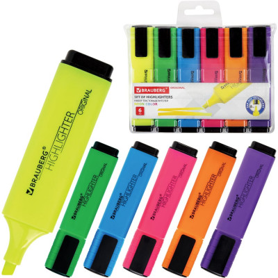 Набор текстовыделителей BRAUBERG ORIGINAL NEON 6 цветов, линия 1-5 мм 152216