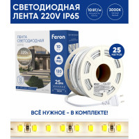 Светодиодная лента FERON 120smd(2835)/м 10вт/м 220v длина 25м, 3000k, ip65, ls710, 48766