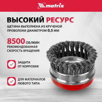 Щетка Matrix для УШМ Heavy Duty 100 мм М14 "чашка" крученая металлическая проволока 74672