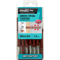 Усиленный нейлоновый дюбель-гвоздь ЕВРОПАРТНЕР multi pro uk, потайная манжета, 8x80 мм, 14 шт. B7 0007