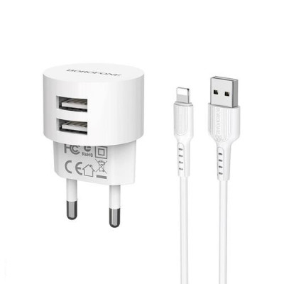 Borofone Сетевое ЗУ 2хUSB-А, 2.4А + кабель AM-8pin Lightning 1 м, белый, 23752-BA23AWI