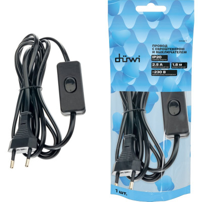 Провод с евроштекером и выключателем duwi черный, 1,8м H 03 VV-F 2x0,5 мм 28568 7