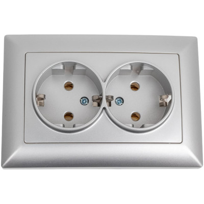 Розетка Intro Solo с заземлением двойная 2x2P+E Schuko, 16А-250В, IP20, СУ, алюминий, Б0053664