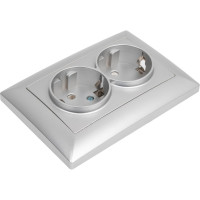 Розетка Intro Solo с заземлением двойная 2x2P+E Schuko, 16А-250В, IP20, СУ, алюминий, Б0053664