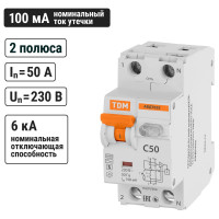 Автоматический выключатель дифференциального тока TDM ELECTRIC АВДТ 63S 2P(1P+N) C50 100мА 6кА тип АС SQ0202-0040