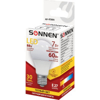 Светодиодная лампа SONNEN 7 Вт, цоколь E27, грушевидная, теплый белый свет, LED A55-7W-2700-E27 453693