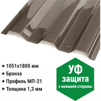 Профилированный монолитный поликарбонат мп/с-21 1.3 мм, 1800x1051 мм (02 бронза, t25, 1uv) Novattro 4604638007002
