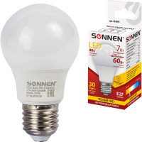 Светодиодная лампа SONNEN 7 Вт, цоколь E27, грушевидная, теплый белый свет, LED A55-7W-2700-E27 453693
