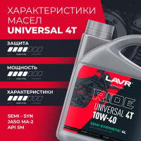 Моторное масло MOTO RIDE UNIVERSAL 4Т 10W40 SM, 4 л LAVR Ln7746