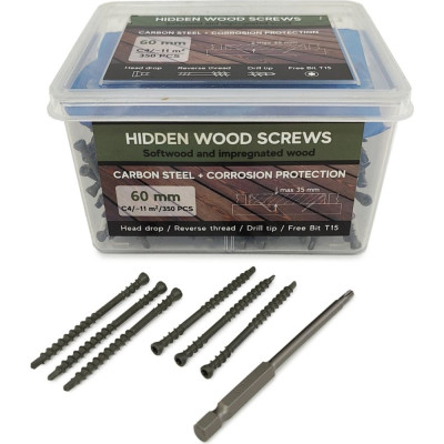 Camo Саморезы Hidden Wood Screws C4 60 mm 350 шт для скрытого монтажа террас и фасадов с помощью инструмента Marksman, с антикоррозийным покрытием арт. 60350C4