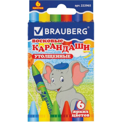 BRAUBERG Восковые карандаши утолщенные , НАБОР 6 цветов, 222965