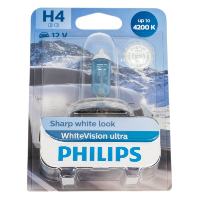 Автолампа PHILIPS H4 60/55 P43t-38 WhiteVision ultra 4200K блистер 12V 12342WVUB1