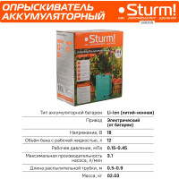 Садовый ранцевый аккумуляторный опрыскиватель Sturm 12л GS8212B