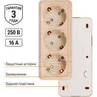 3-х местная горизонтальная розетка TDM ELECTRIC 2П+3 открытой установки IP20 16A с з/ш сосна "Ладога" SQ1801-0427