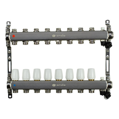 Коллекторная группа в сборе с термостатическими и запорными клапанами ONDO нерж сталь, 8 вых. OKGSP008