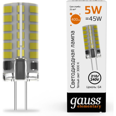 Gauss Лампа elementary g4 ac210-240v 5w 400lm 3000k силикон led 1/20/200 18015