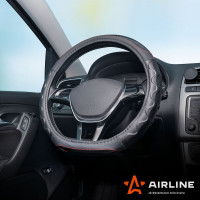 Оплетка на руль AIRLINE экокожа, D-образная форма, рельеф, текстура карбон, черная, 38 см/M ADWO005