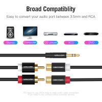 Переходник-разветвитель VENTION гибкий Jack 3.5 mm M/2RCA F - 0.3 м Чёрный VAB-R02-B030