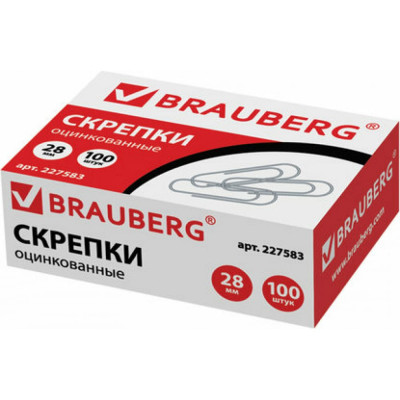 BRAUBERG Скрепки , 28 мм, оцинкованные, 100 шт., в картонной коробке, 227583