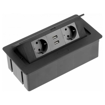 GTV Удлинитель врезной прямоугольный soft, 2xschuko, 2xusb/5v, вилка провод 1,5м, черный AE-PBSUC2GS-20N
