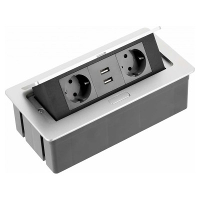 GTV Удлинитель врезной прямоугольный soft, 2xschuko, 2xusb/5v, вилка провод 1,5м, серебро AE-PBSUC2GS-53