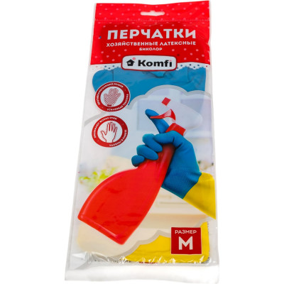 Komfi Перчатки хозяйственные латексные БИКОЛОР, M, синий+ желтый,., 120785