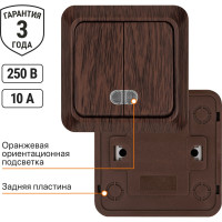 Выключатель TDM ELECTRIC 2-кл. открытой установки с подсветкой IP20 10А, бук, серия "Ладога" SQ1801-0030