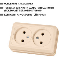 Двойная розетка TDM ELECTRIC 2П открытой установки IP20 10А 250В керамика слоновая кость Ладога SQ1801-0212