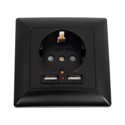 Розетка Intro Solo с заземл P+E Schuko со шторками, 16А-250В + 2хUSB, IP20, СУ, антрацит, Б0053717