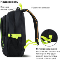 Универсальный рюкзак BRAUBERG, 3 отделения, черный, салатовые детали, 46x31x18см 270761