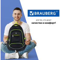 Универсальный рюкзак BRAUBERG, 3 отделения, черный, салатовые детали, 46x31x18см 270761