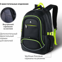 Универсальный рюкзак BRAUBERG, 3 отделения, черный, салатовые детали, 46x31x18см 270761