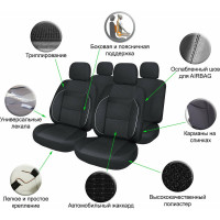 Чехлы для сидений Airline MONRO универсальные, 11 предметов, повышенный комфорт, жаккард, черные ACS-UJ-01