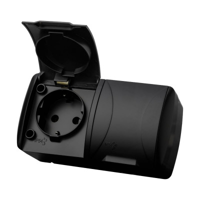 Розетка TDM ELECTRIC двойная 2П+3 открытой установки IP54 16А с крышкой графит "Селигер" SQ1818-0314